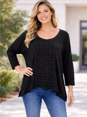 Meadow Rue Tayrona Black Lace Top Anthropologie Boho Tunic 3/4 Sleeve